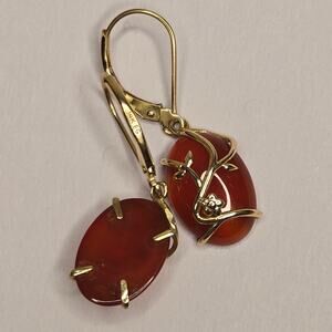 Vintage 14K Gold Carnelian Agate Dangle Earrings Handmade Wire Wrap Statement